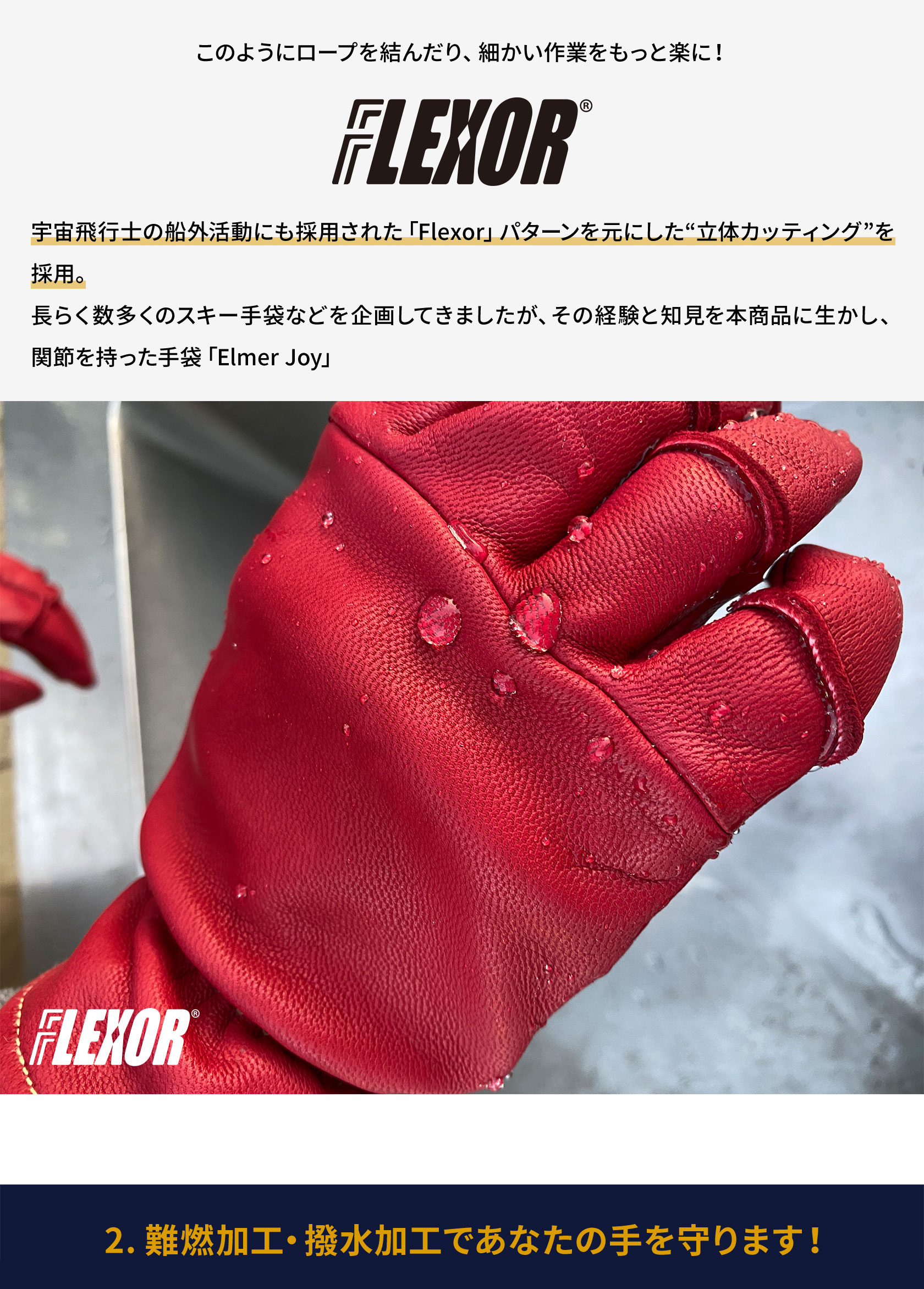 宇宙飛行士の船外活動にも採用された「Flexor」パターンを元にした立体カッティングを採用